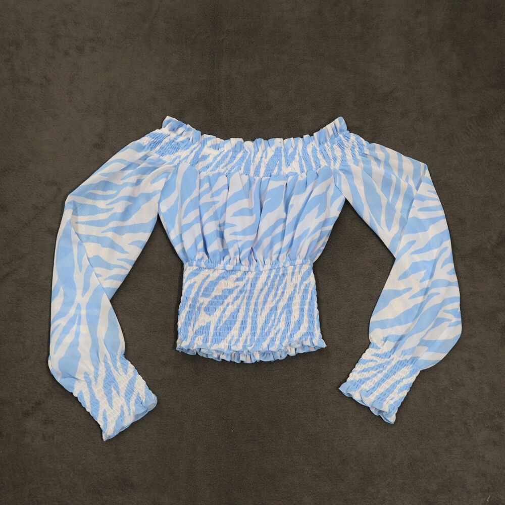 Bar III Women’s XXS Blue White Zebra Print Off Shoulder Smocked Crop Top - Picture 1 of 11